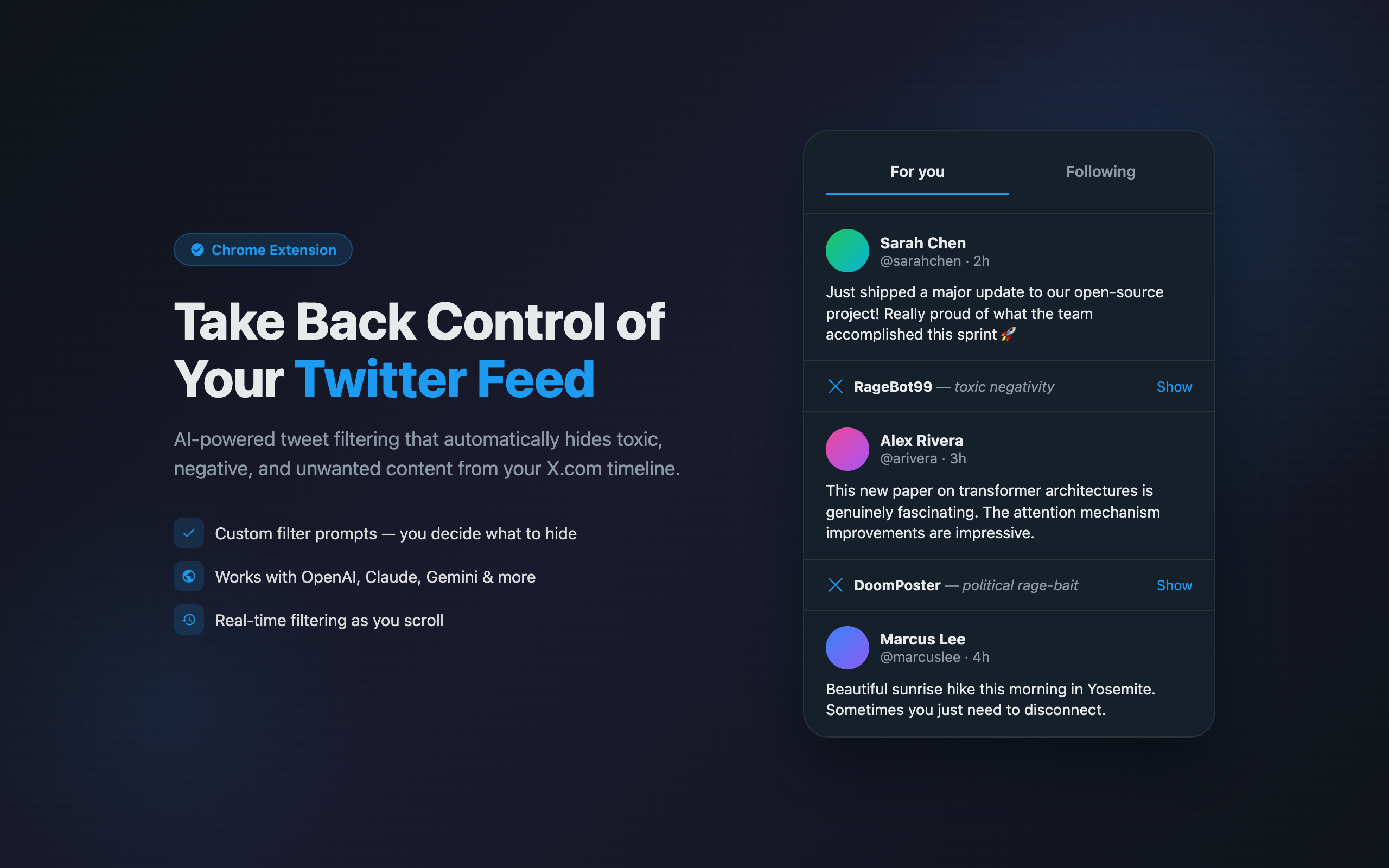 AI Twitter Filter showing a clean Twitter feed with toxic content hidden