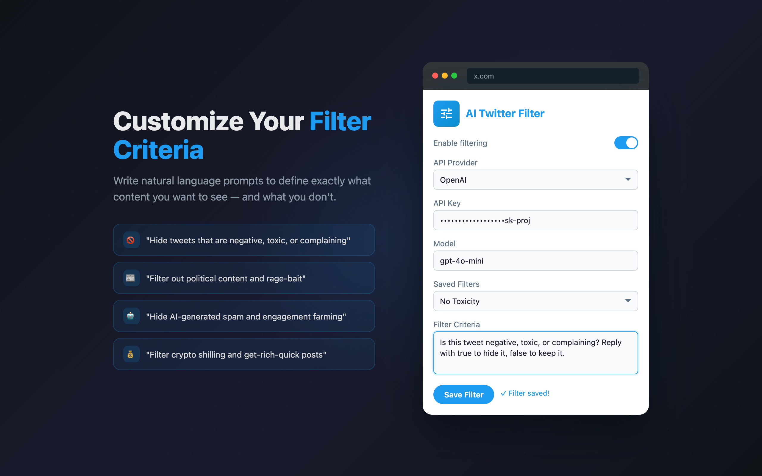 Customizable filter criteria